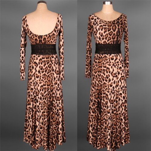 Black red leopard long sleeves long length competition professional women's flamenco ballroom waltz dancing dresses